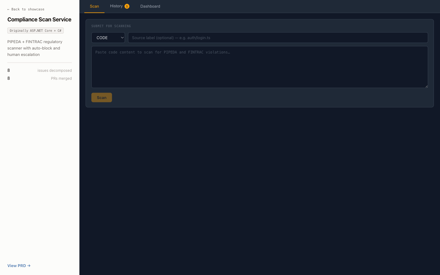 Compliance Scan interface built by the prd-to-prod pipeline